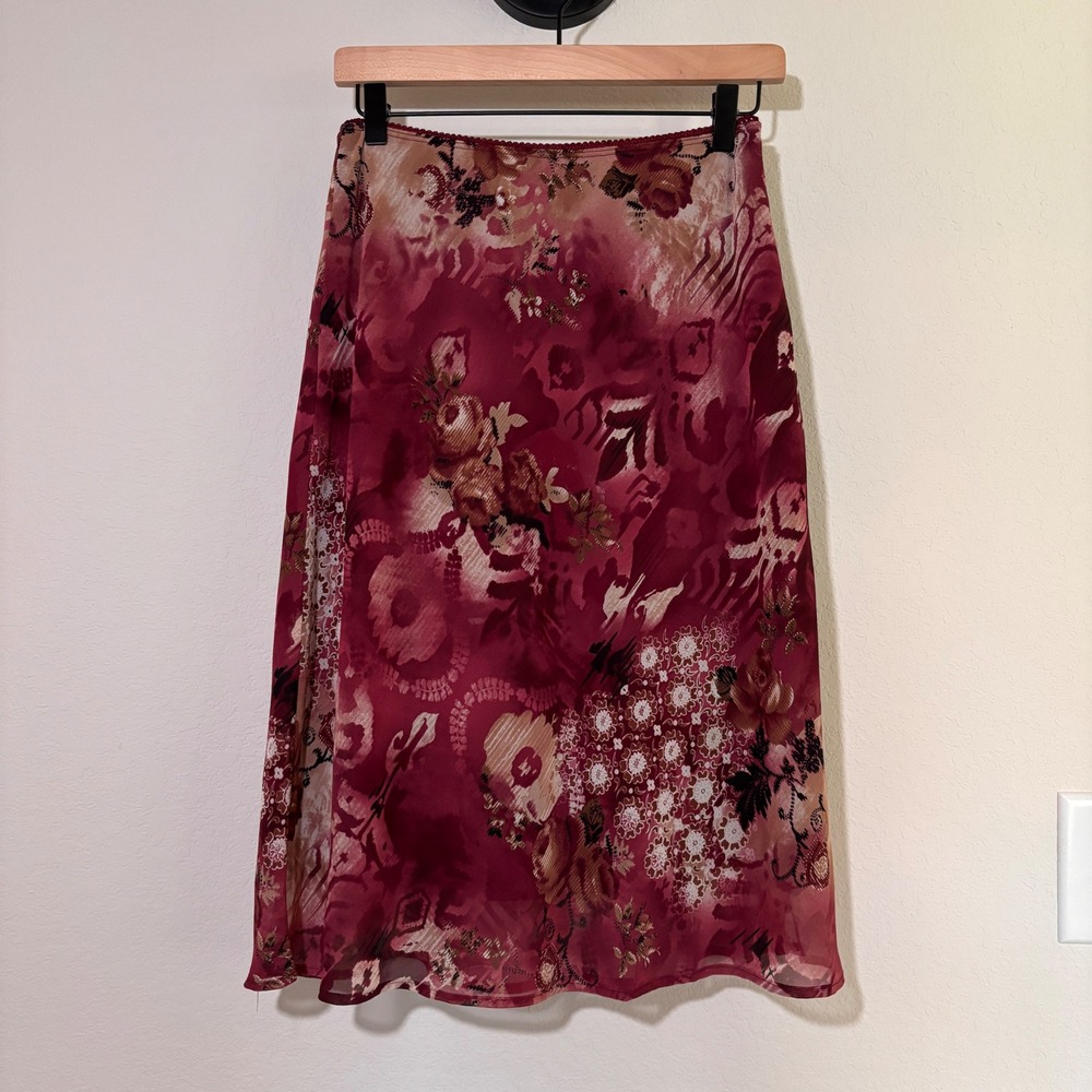 Connected Petite Burgundy Floral Mesh Midi Skirt Y2K Aesthetic Pink PM